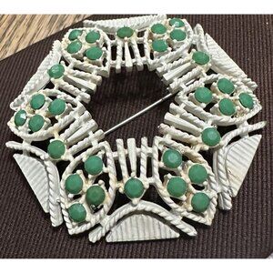 Vintage Brooch Large Enamel White Green Beads Boho Mid Century Mod